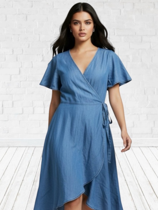 Loft size 2 chambray 100% lyocell flutter sleeve wrap dress - Picture 11 of 15